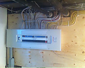 New breaker panel showing a finished electrical service upgrade